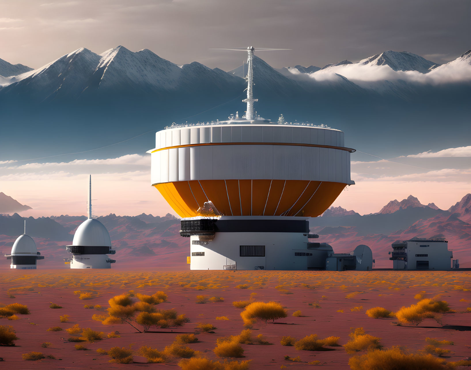 Modern observatory in desert with orange accents and mountains under cloudy sky