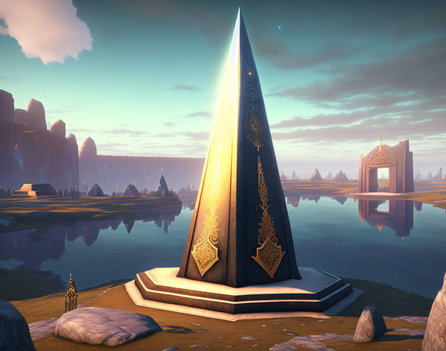 Ornate illuminated obelisk by tranquil lake at sunset