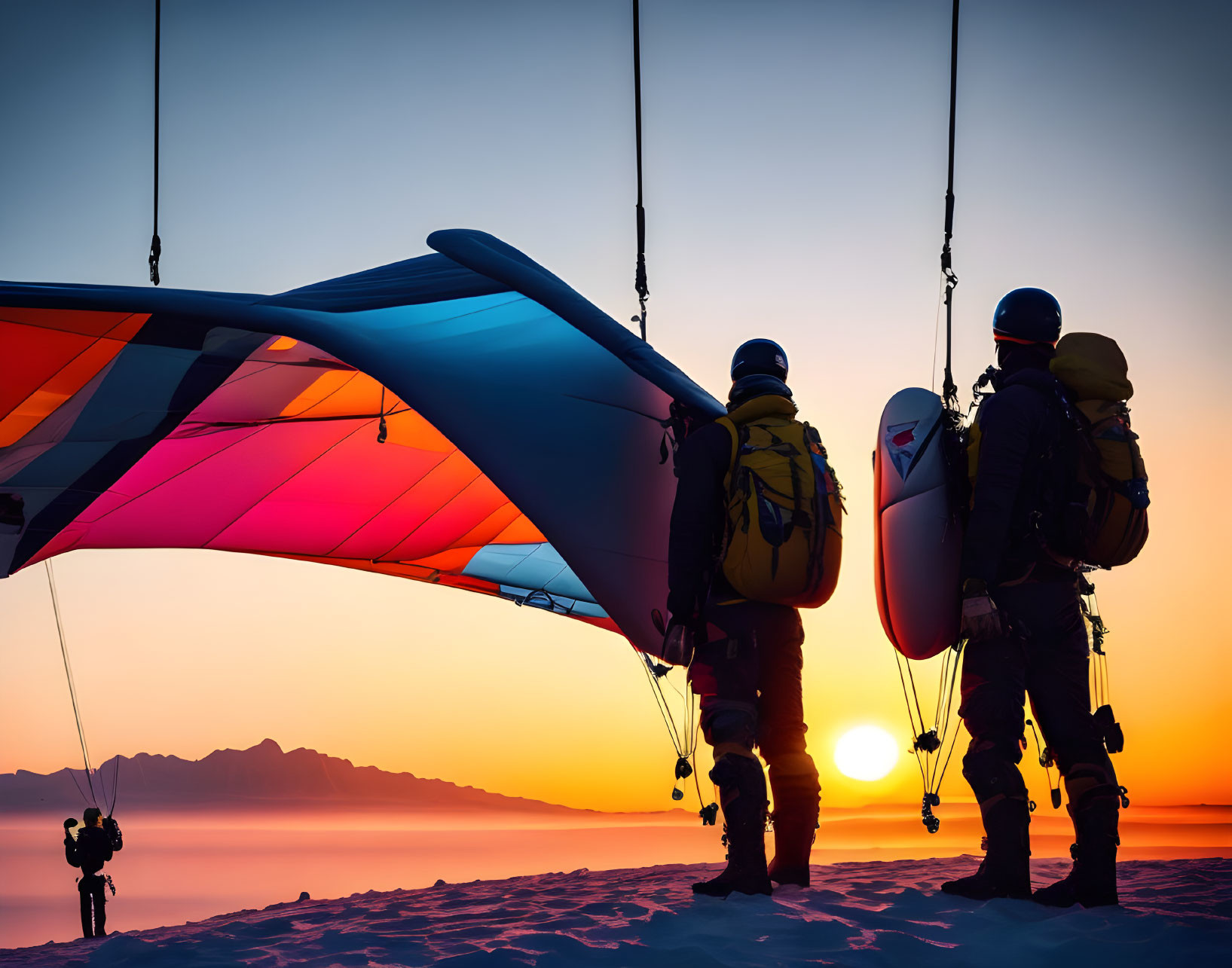 Paragliders on snowy ridge at sunset with colorful wing silhouette.