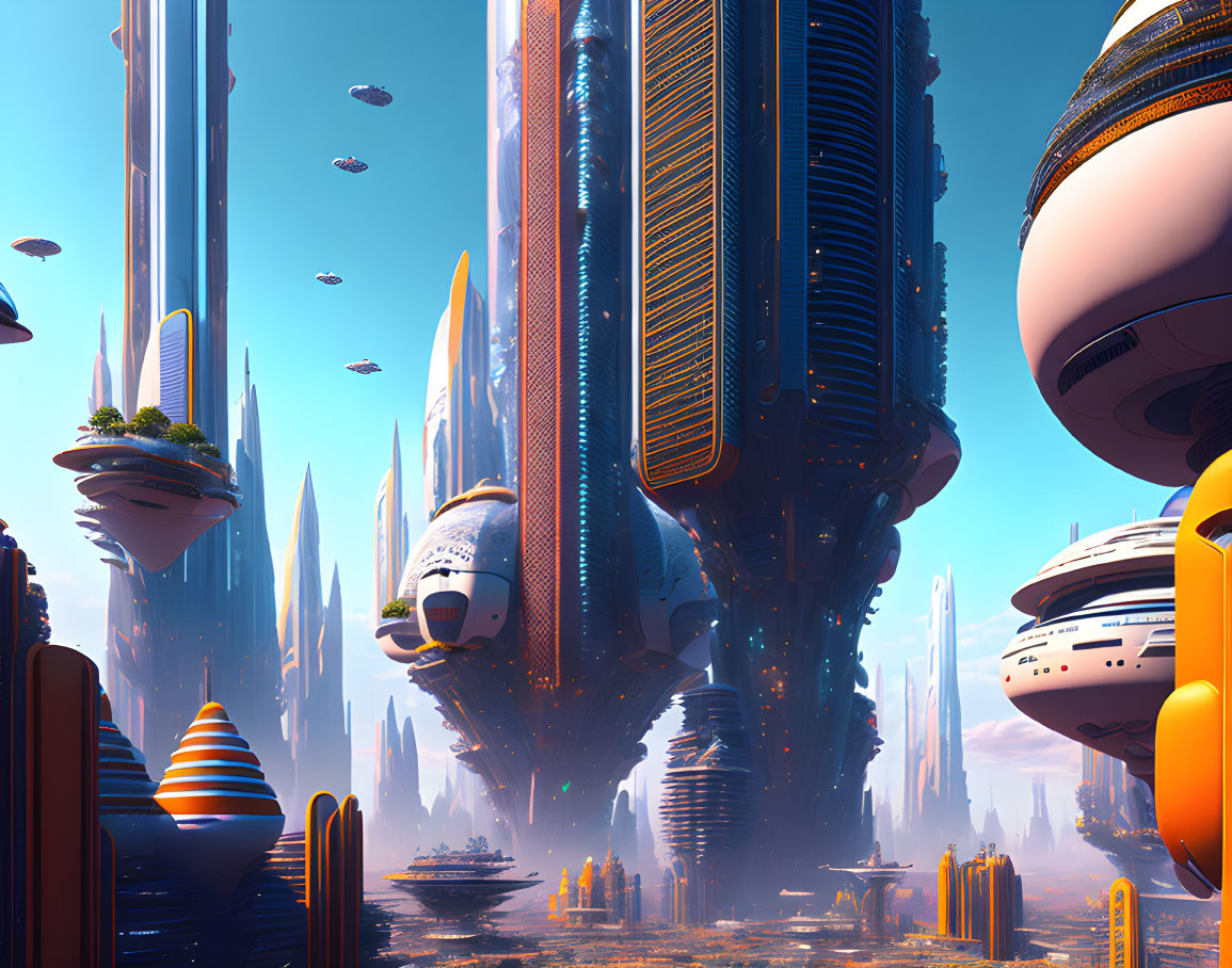 Futuristic cityscape with skyscrapers, flying vehicles, and advanced architecture