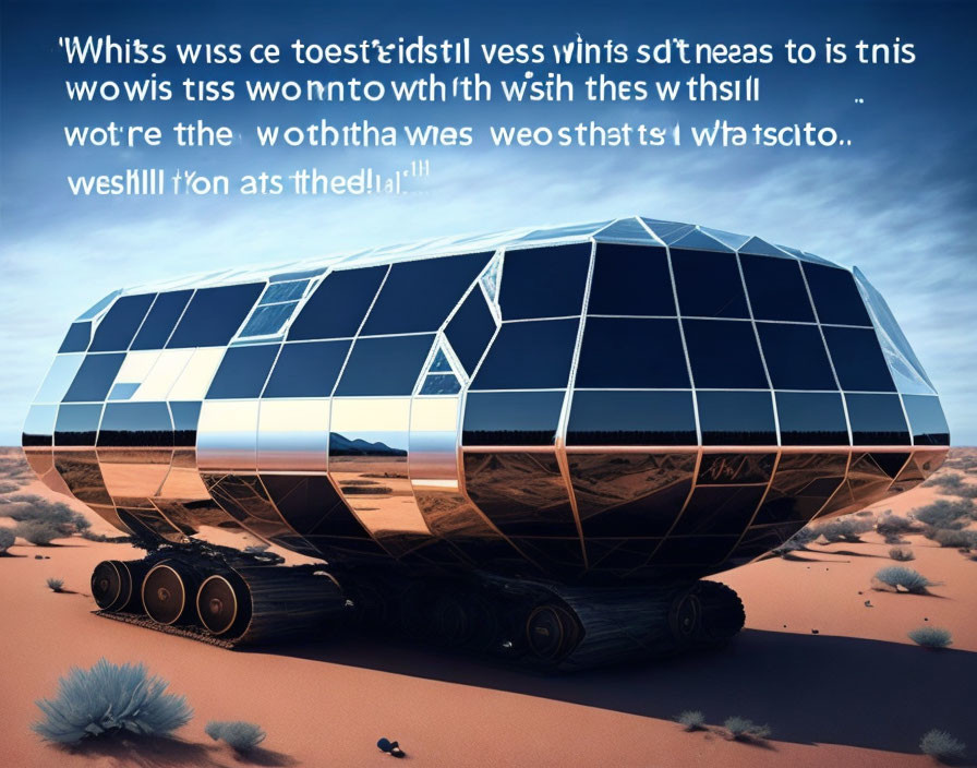 Reflective tank-treaded vehicle in desert landscape