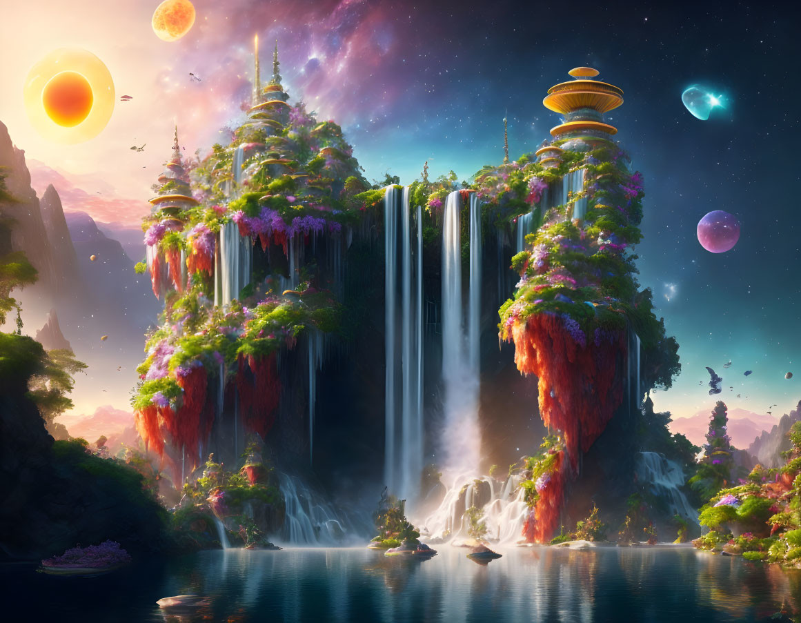 Fantasy landscape with waterfalls, islands, flora, moons, and planets