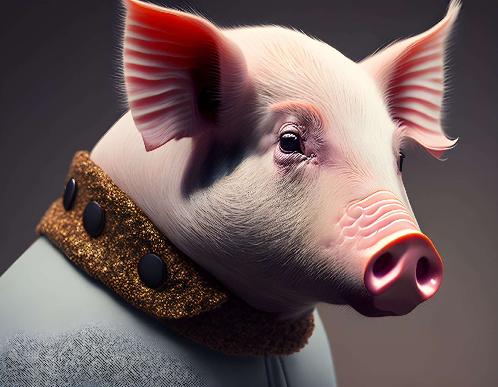 Detailed digital image: Pig in human attire with glittery collar on grey background