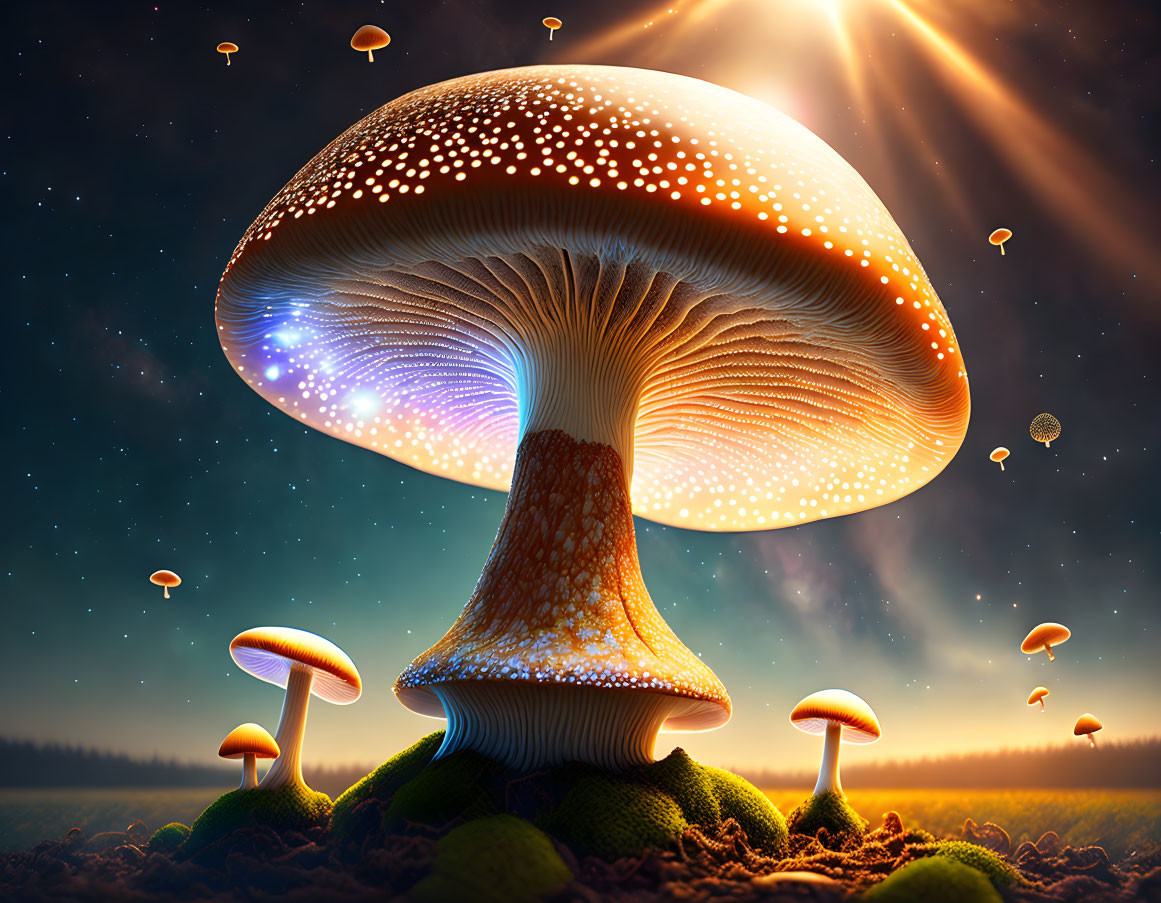 Fantastical glowing mushroom with sunburst in dreamy landscape