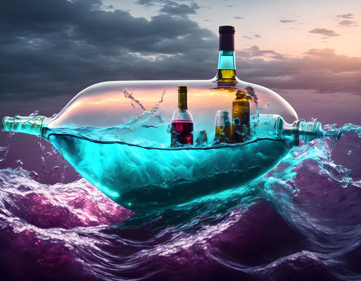 Giant wine glass on turbulent sea with bottles, under purple-orange sky