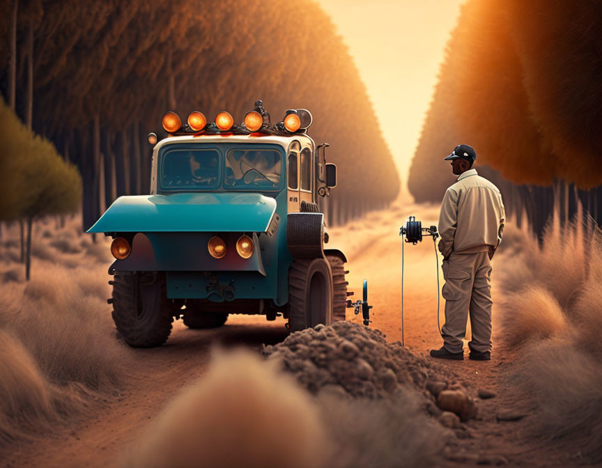 Person in white suit near camera and vintage blue truck in autumnal setting