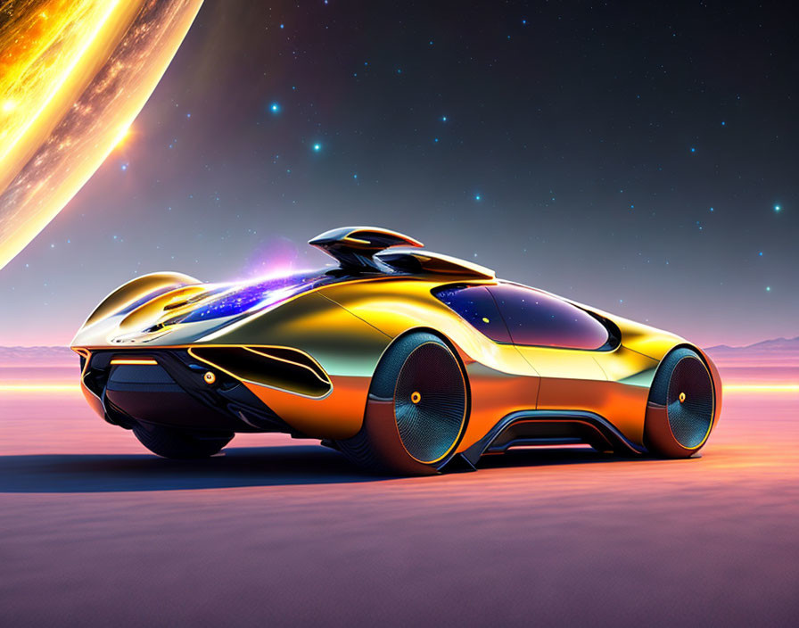 Futuristic car with glowing elements on purple terrain with large planet and starry sky