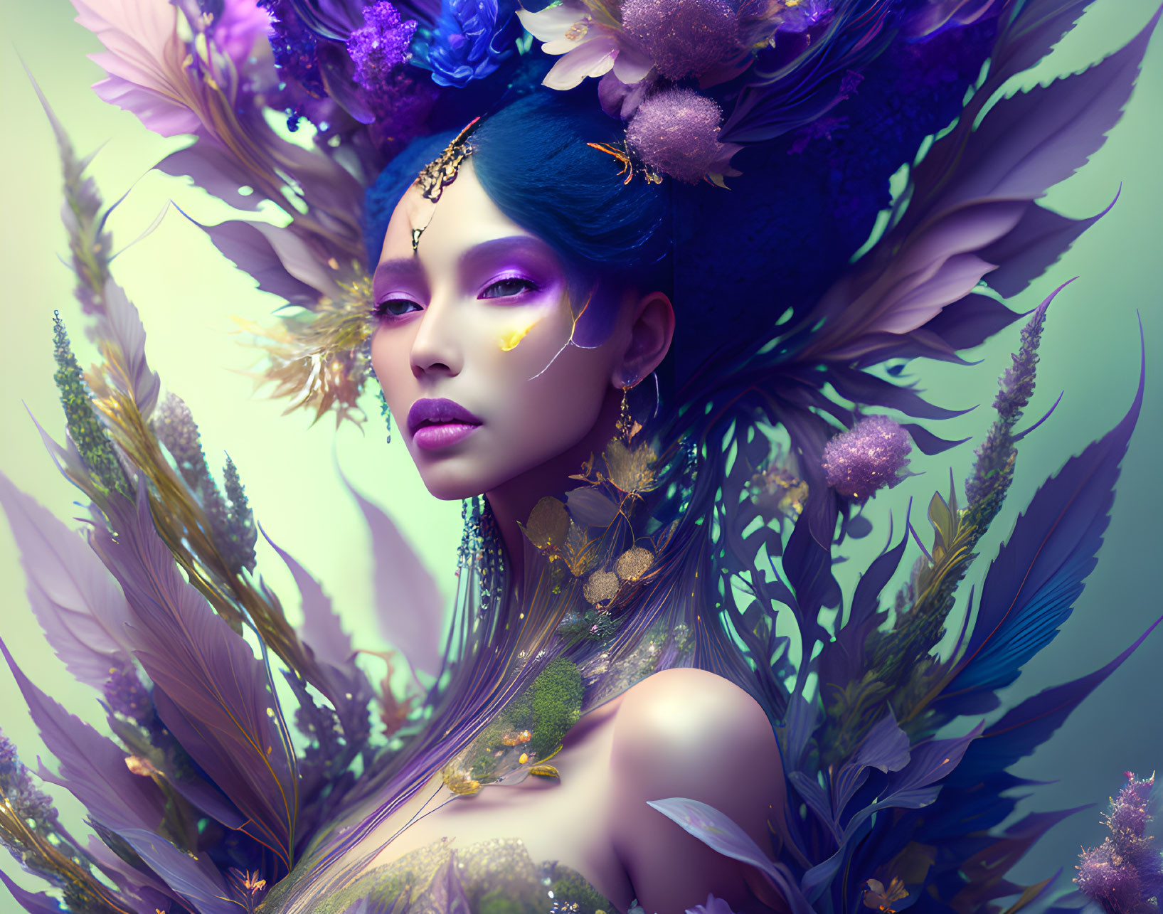 Ethereal woman portrait with floral and golden accents on pastel background