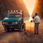 Person in white suit near camera and vintage blue truck in autumnal setting