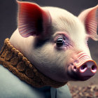 Detailed digital image: Pig in human attire with glittery collar on grey background