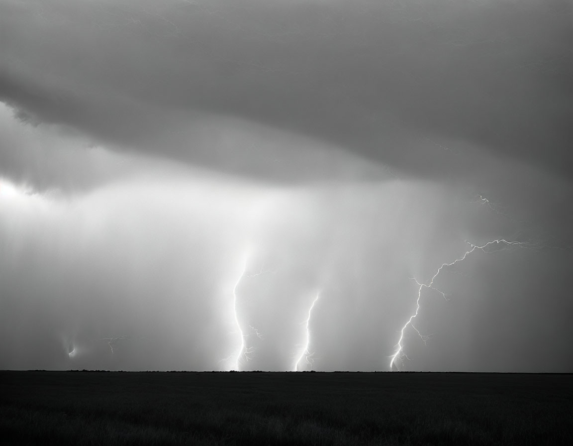 Multiple lightning strikes in dramatic black and white photograph