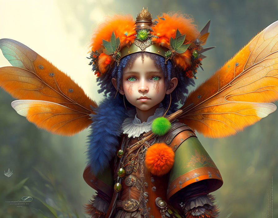 Child with Butterfly Wings in Crown and Armor: Digital Art Portrait