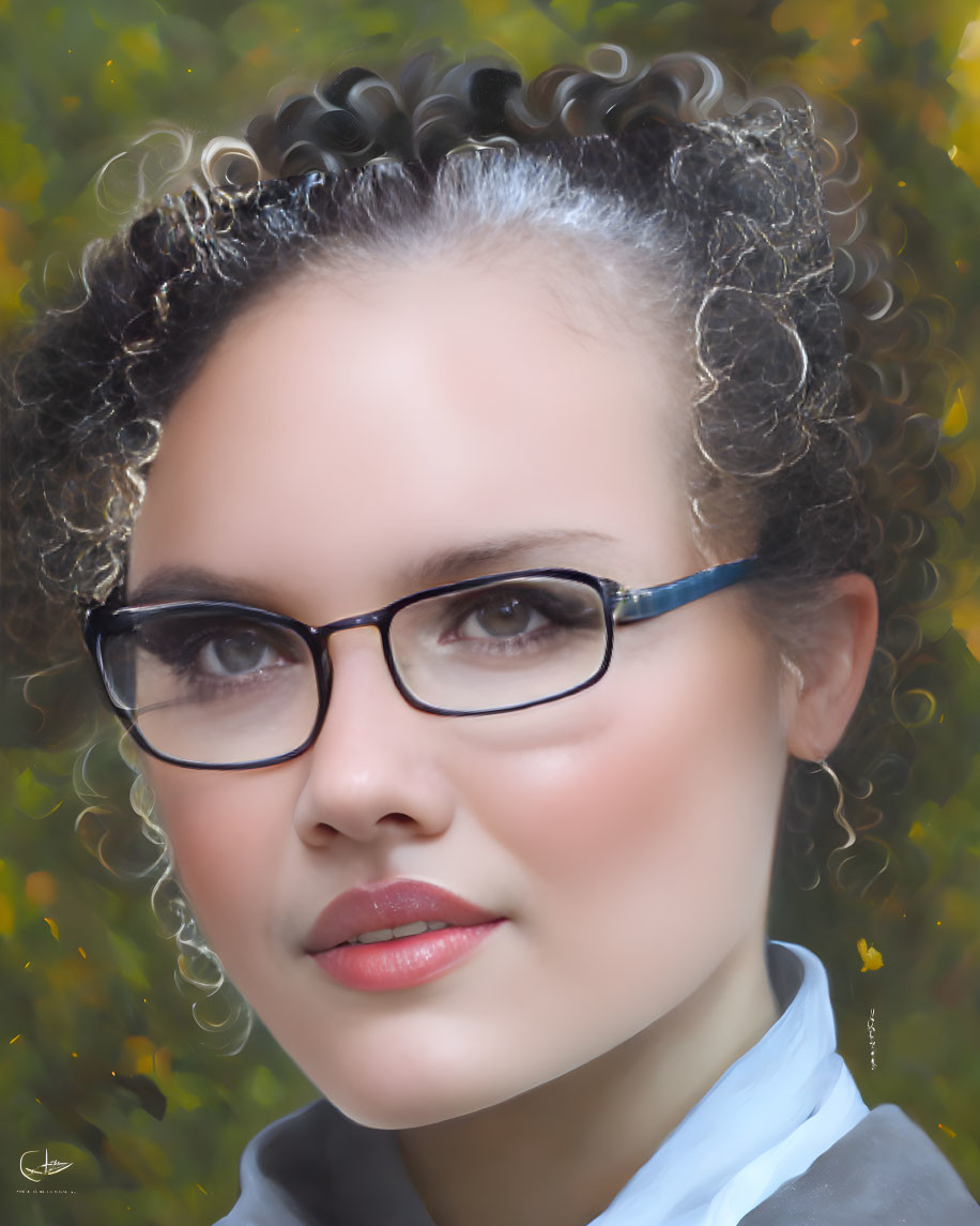 Digital portrait of woman with curly hair and glasses in soft-focus autumnal setting