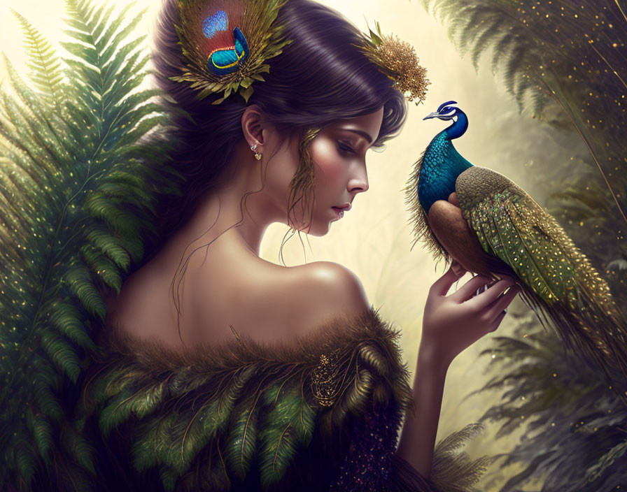 Illustration of woman with peacock feathers holding a peacock in lush greenery