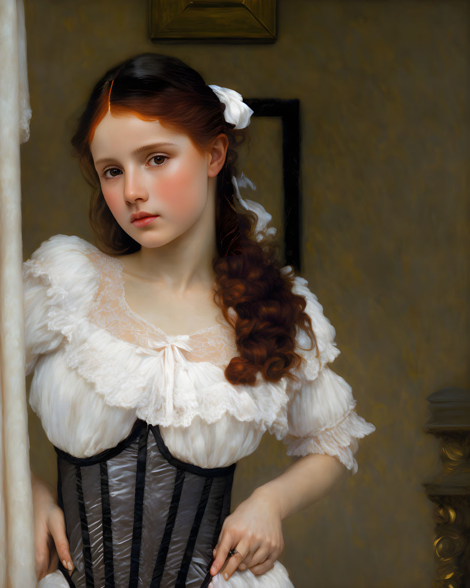 Portrait of young girl in white blouse and black corset with pensive expression