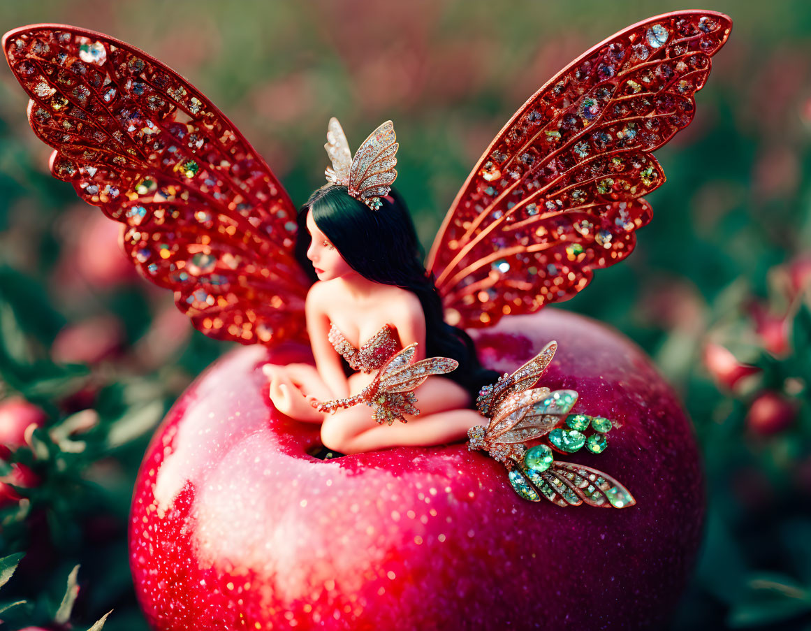 Whimsical fairy figurine with red wings on red apple in green foliage