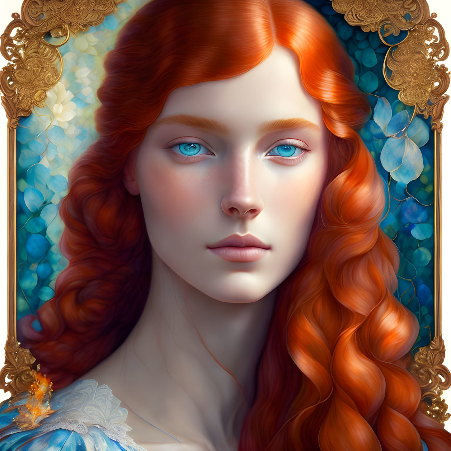 Portrait of Woman with Fiery Red Hair and Blue Eyes in Ornate Golden Frame