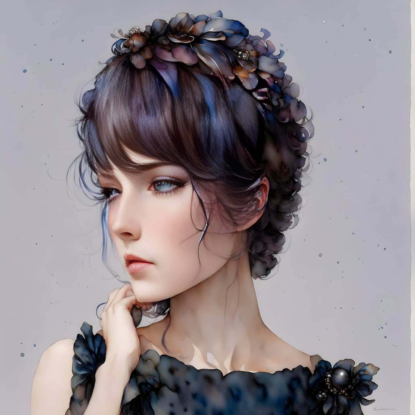 Woman with Blue Flowers in Hair: Serene Digital Art Portrait