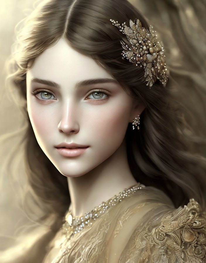 Captivating digital portrait of a woman with blue eyes and golden dress