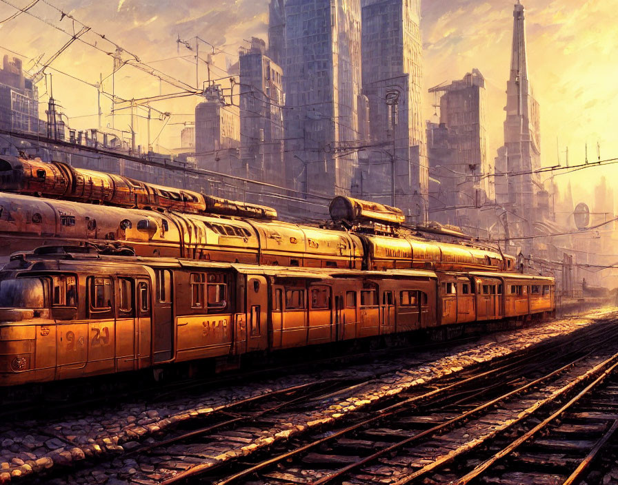 Orange-hued retro-futuristic train station illustration with vintage train and city skyline.