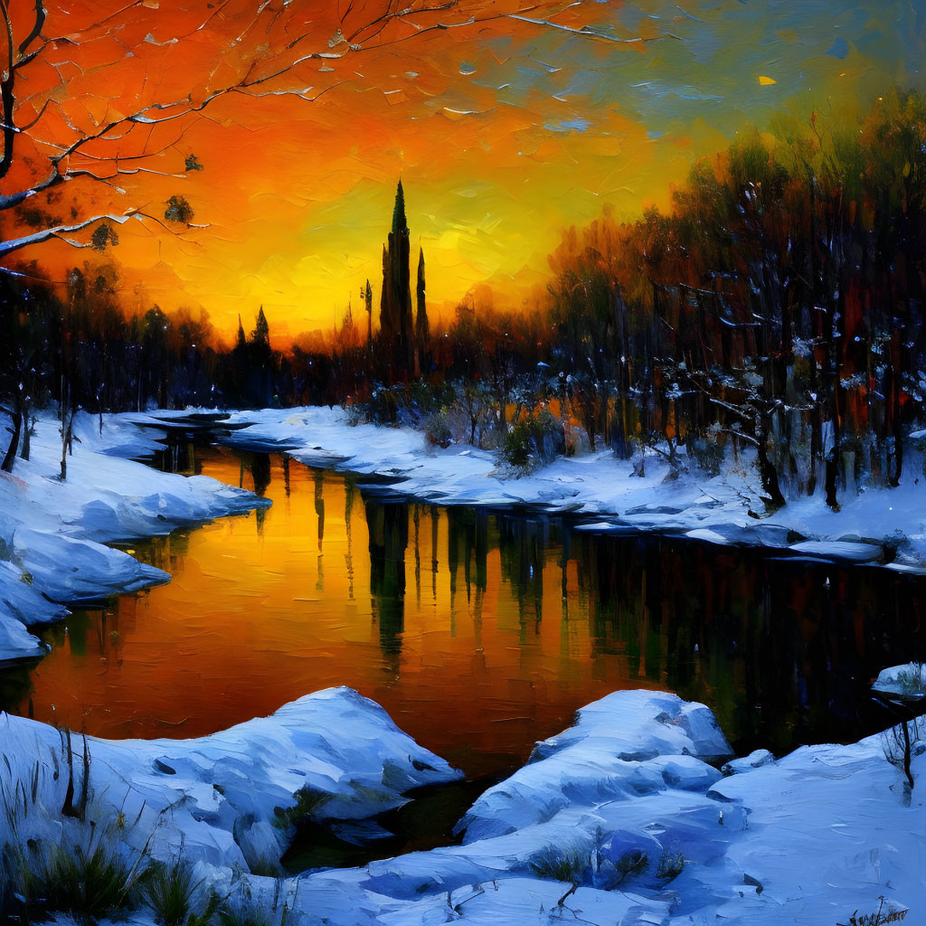 Sunset over wintry river landscape with snow-covered banks and bare trees