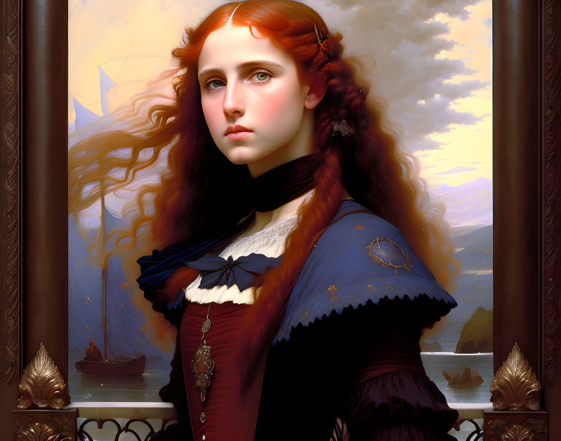 Victorian-themed painting of a young woman with red hair in detailed outfit against serene landscape.