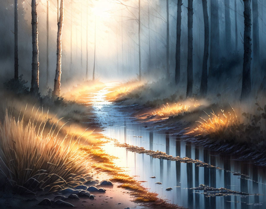 Tranquil forest path painting with sunlit reflections