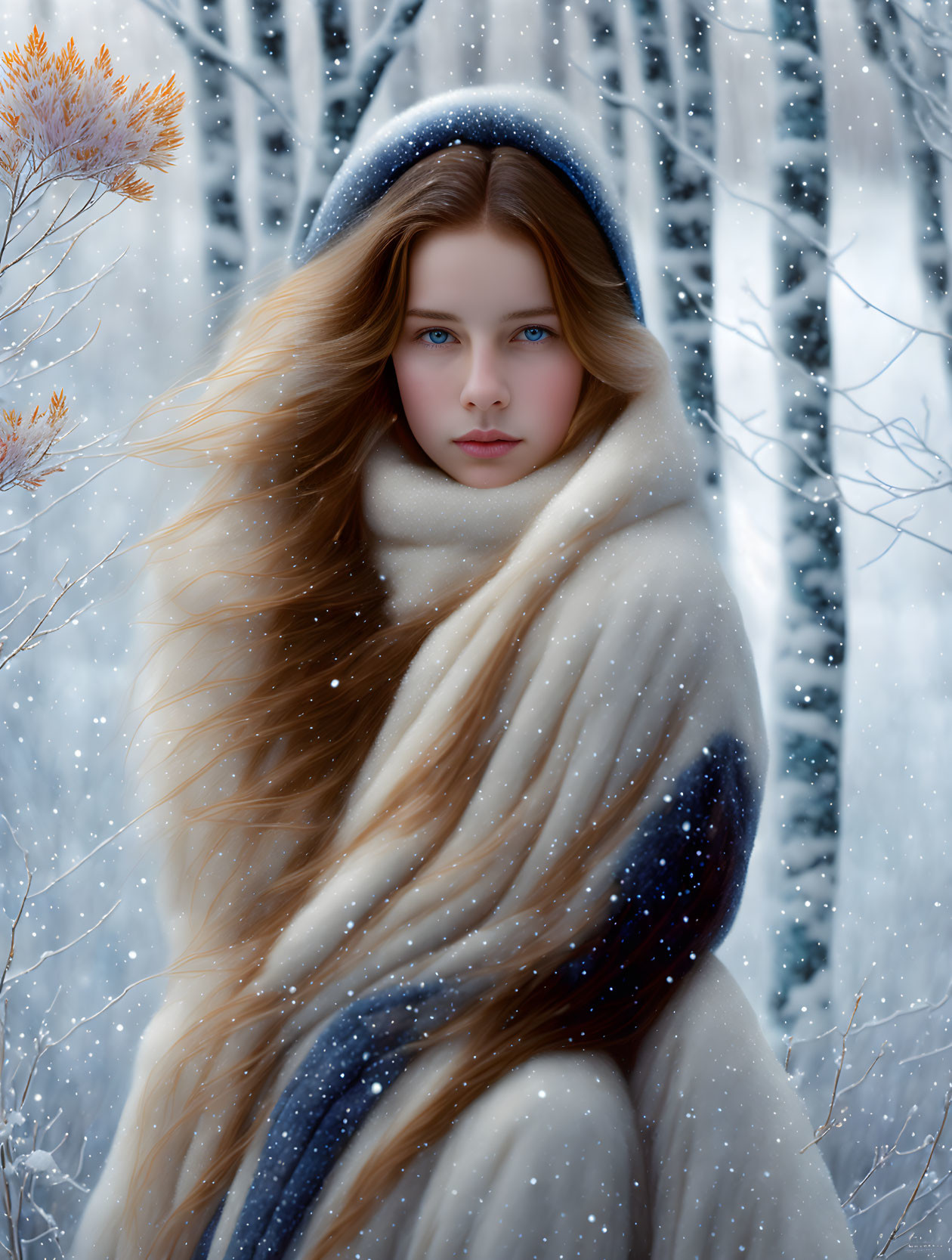 Person with Long Hair and Blue Eyes in Snowy Winter Scene