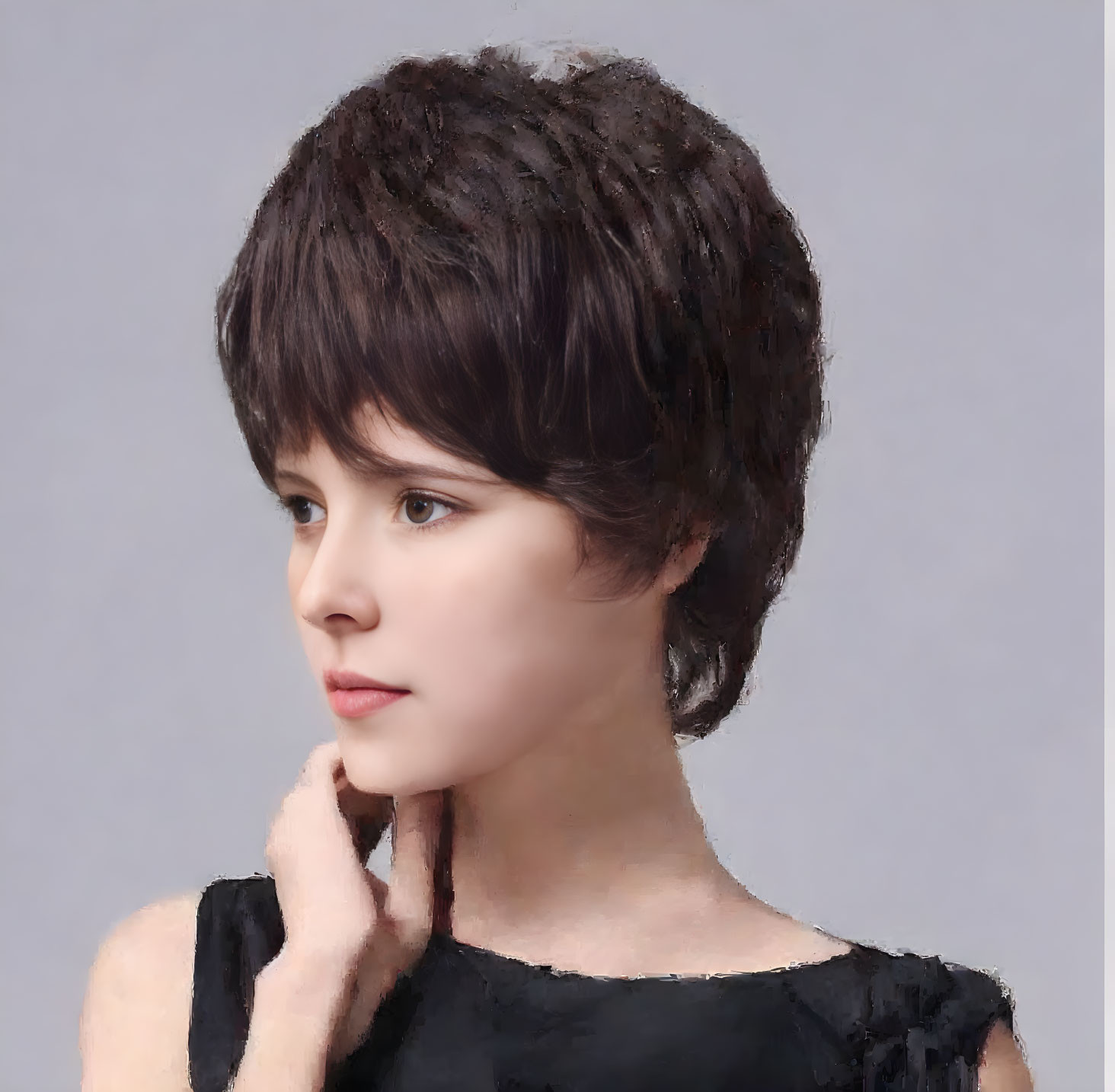 Young girl with short brown haircut gazing sideways on grey background