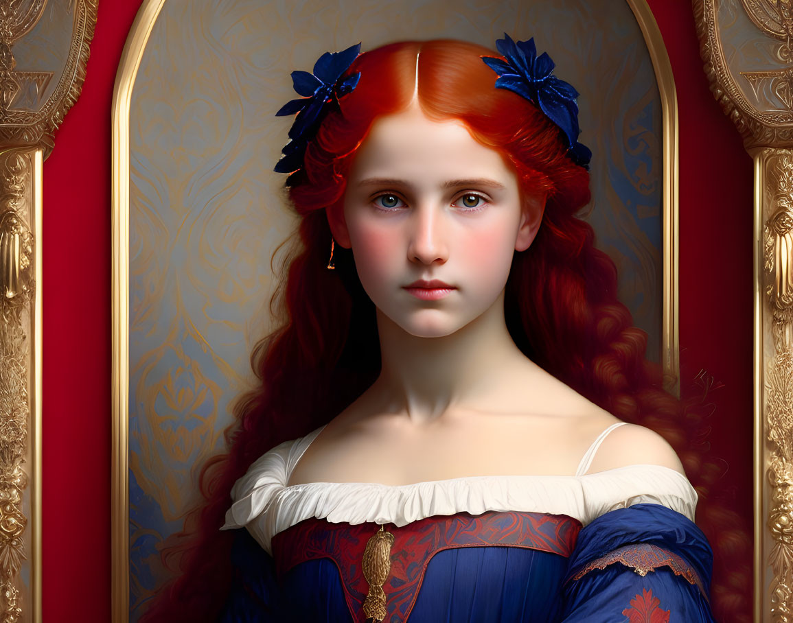 Young woman with red hair and blue dress against ornate red and gold background