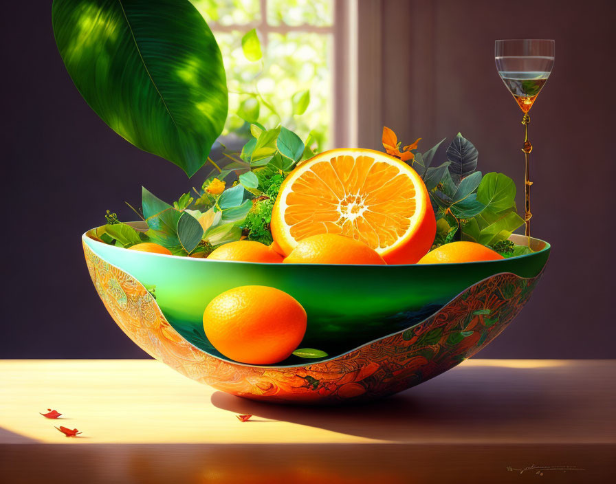 Colorful still-life with oranges, sliced fruit, blossoms, and wine glass on wooden surface