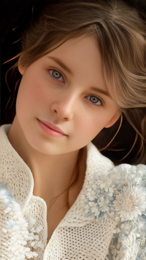 Young woman in white floral garment, calm gaze portrait.