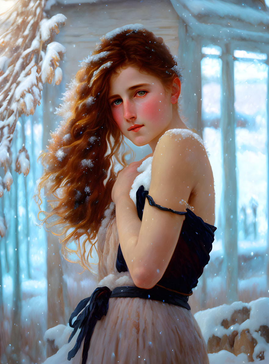 Red-haired woman in pale dress among snowflakes and snow-covered tree