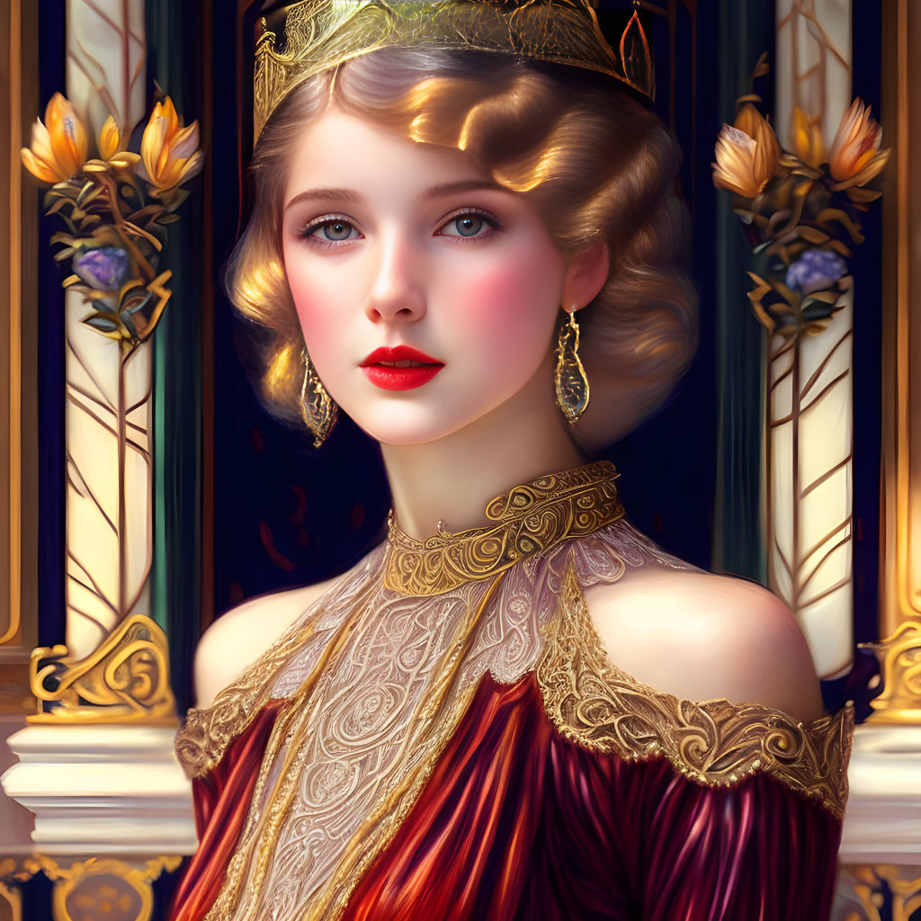 Regal woman in gold tiara and red dress surrounded by ornate stained glass