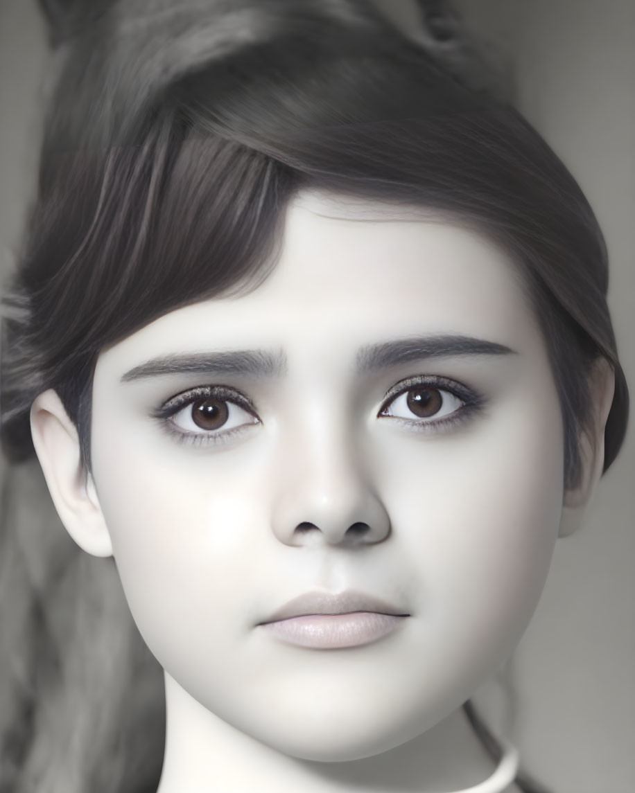 Young female with dark hair in partial updo, expressive eyes, neutral expression, on greyscale background