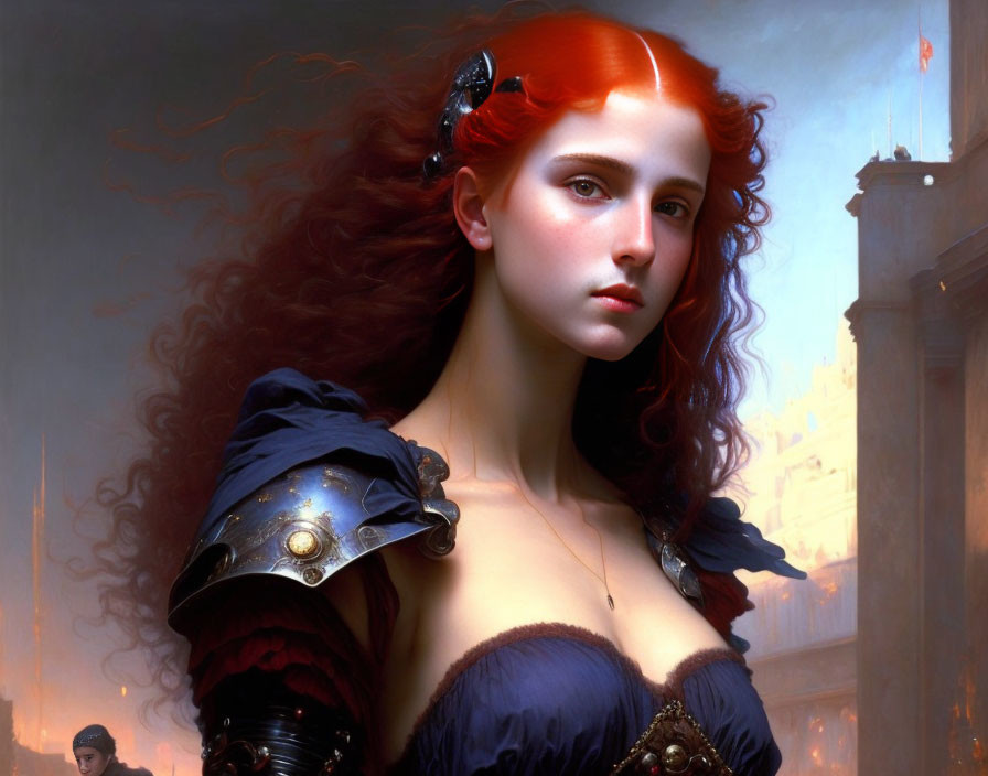 Digital artwork: Woman with red hair, blue eyes, dark armor shoulder piece, red dress, serene