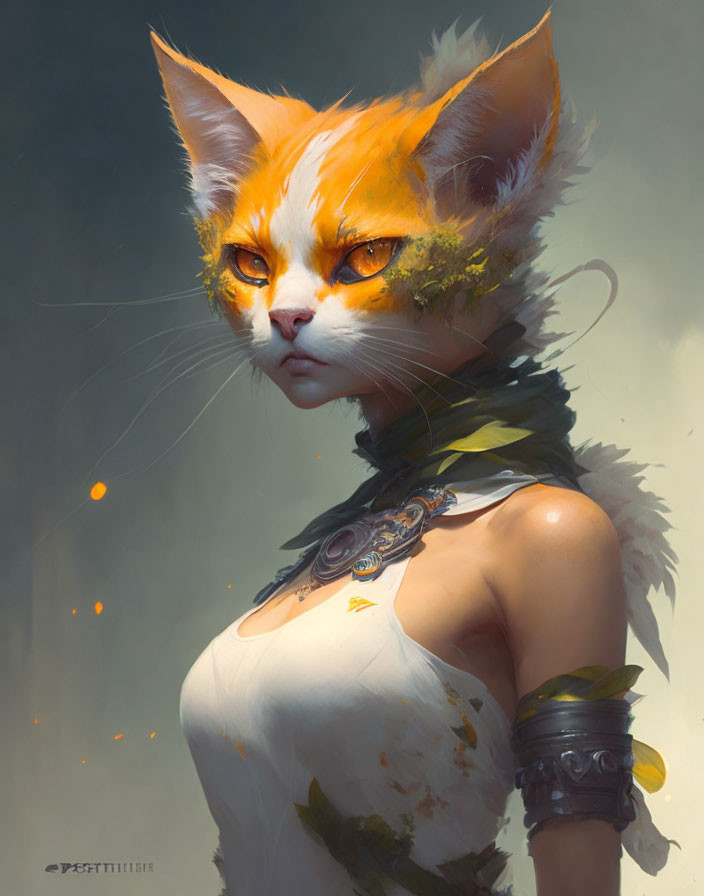 Orange and white fur fox with golden eyes in green scarf and chest piece