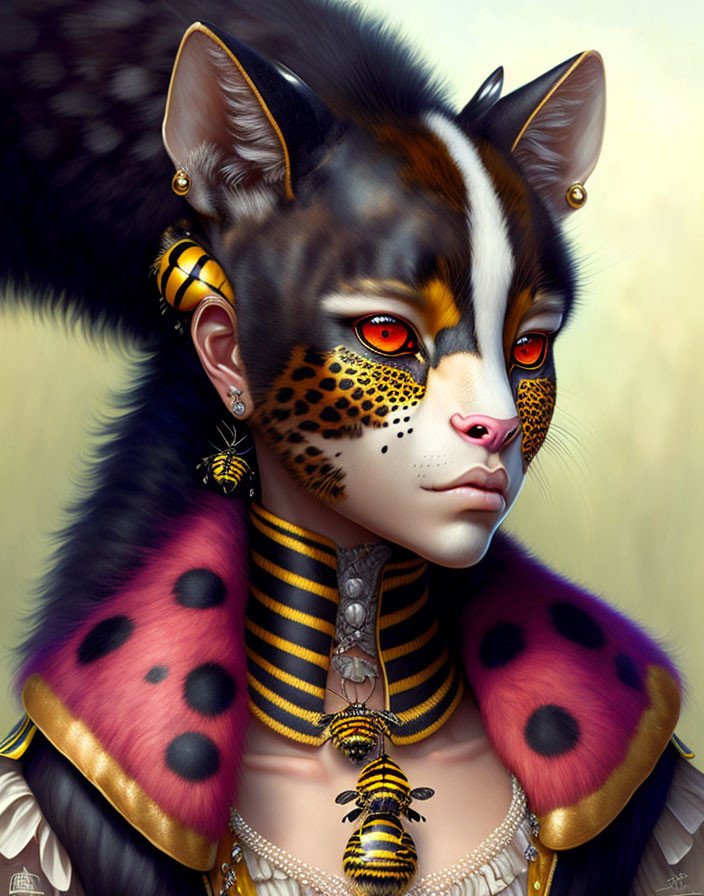 Digital artwork: Humanoid creature with feline features, adorned in animal-inspired jewelry and attire.