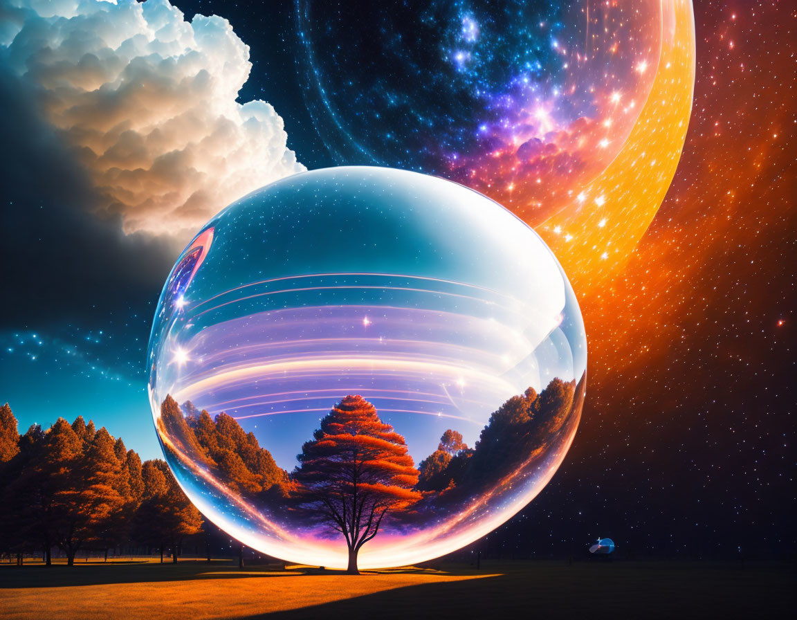 Surreal landscape with giant transparent bubble and tree against split sky backdrop