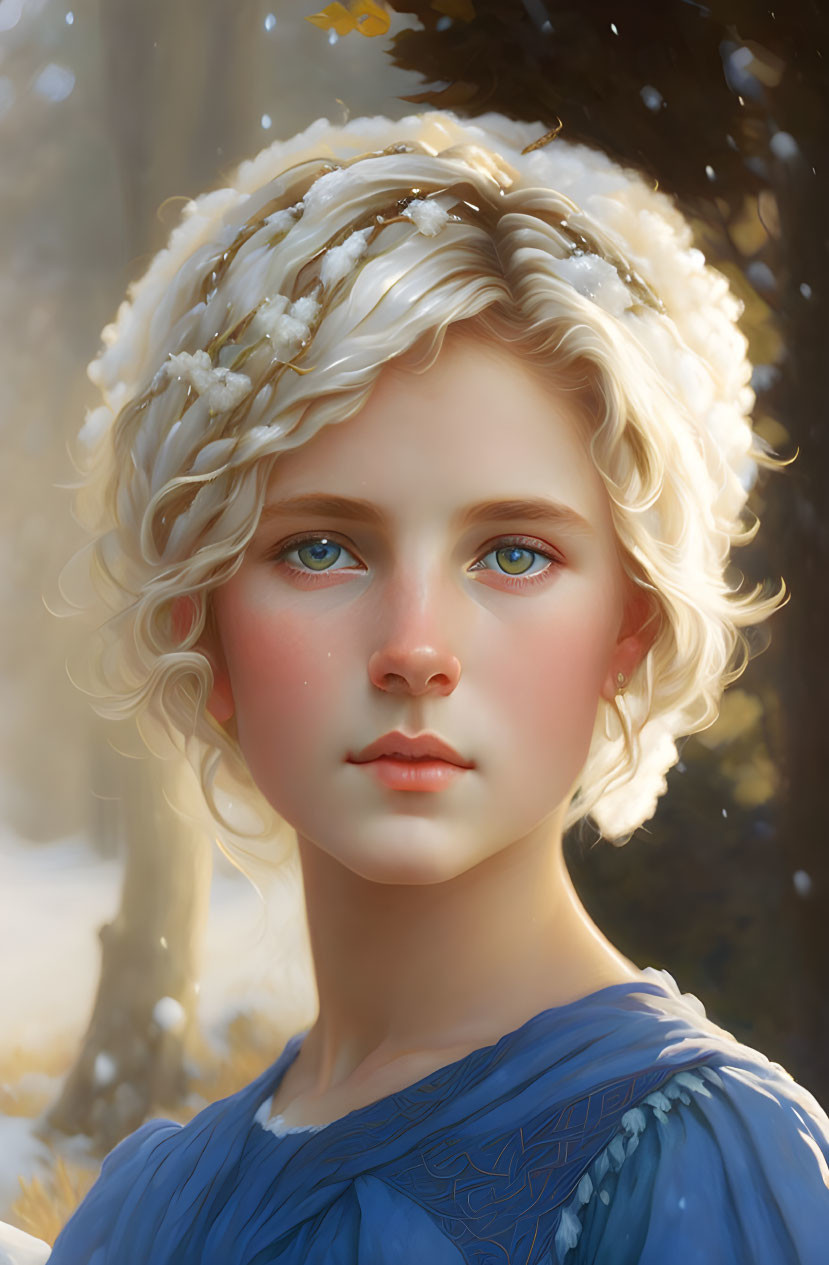 Young girl portrait with blonde hair, blue eyes, snowflakes, blue dress, and wintry