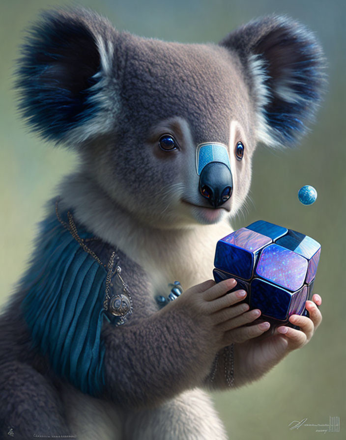 Anthropomorphic koala with cosmic Rubik's Cube and pendant.