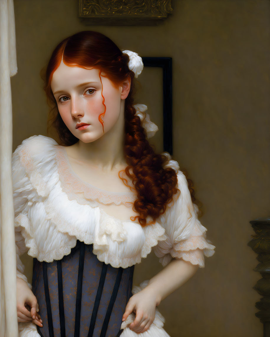 Portrait of young girl with red hair in white and blue dress.