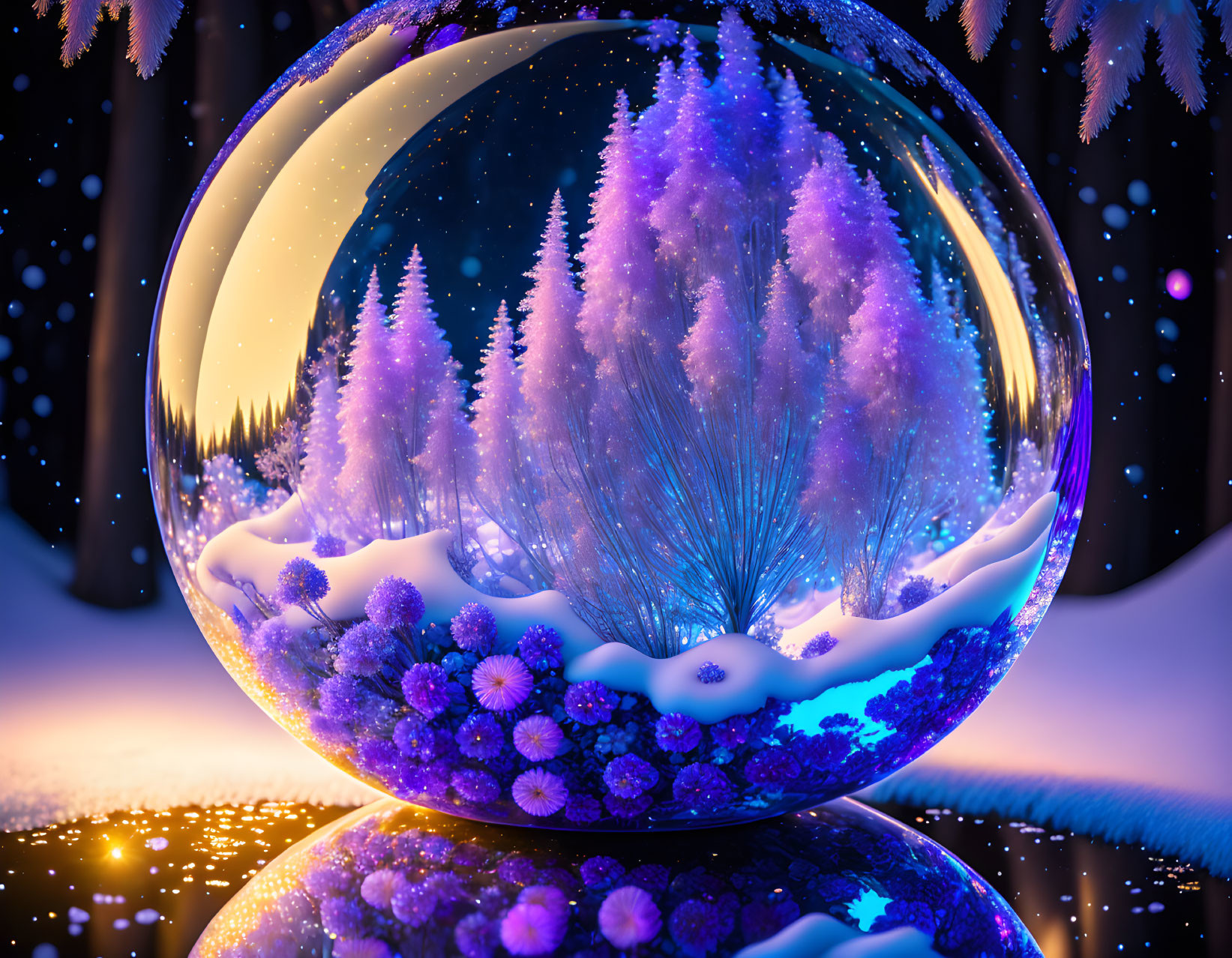 Winter scene in transparent sphere: Purple trees, flowers, snow, starry night.