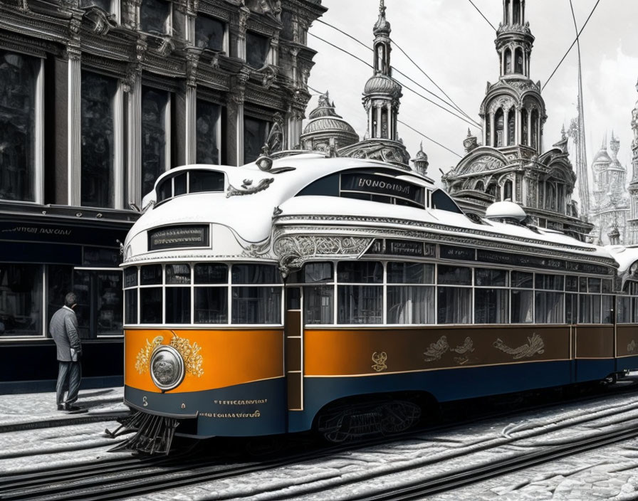 Vintage Blue and Orange Tram on City Street with Cobblestones and Classic Architecture