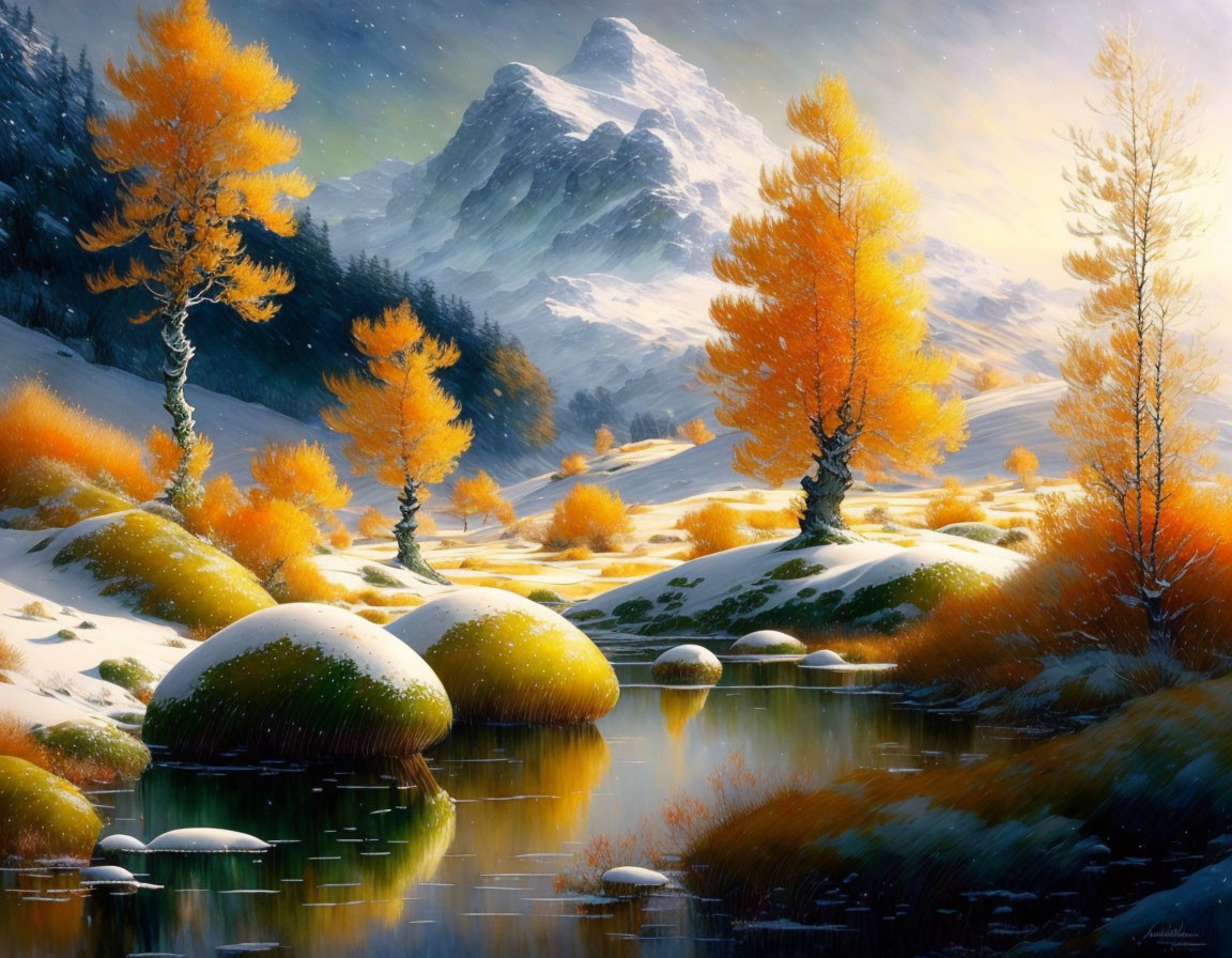 Tranquil autumn landscape with golden trees, river, snow-covered rocks, mountain