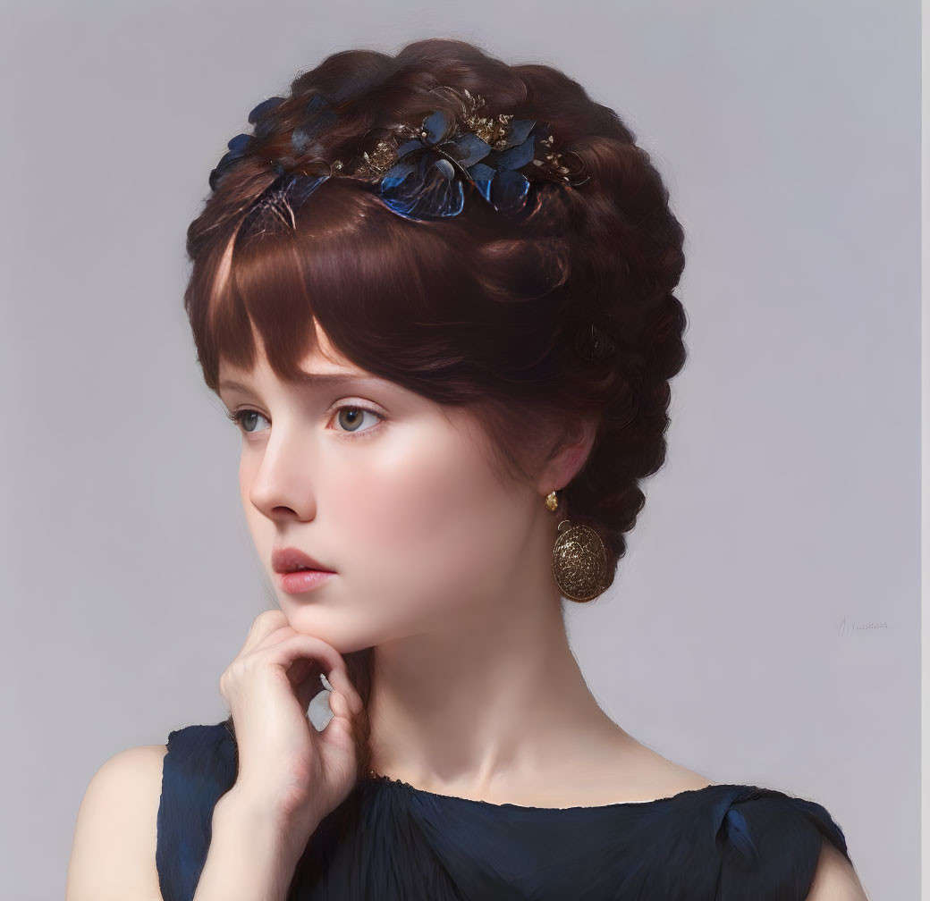 Woman with Elegant Updo and Blue Butterfly Hair Accessory in Dark Dress