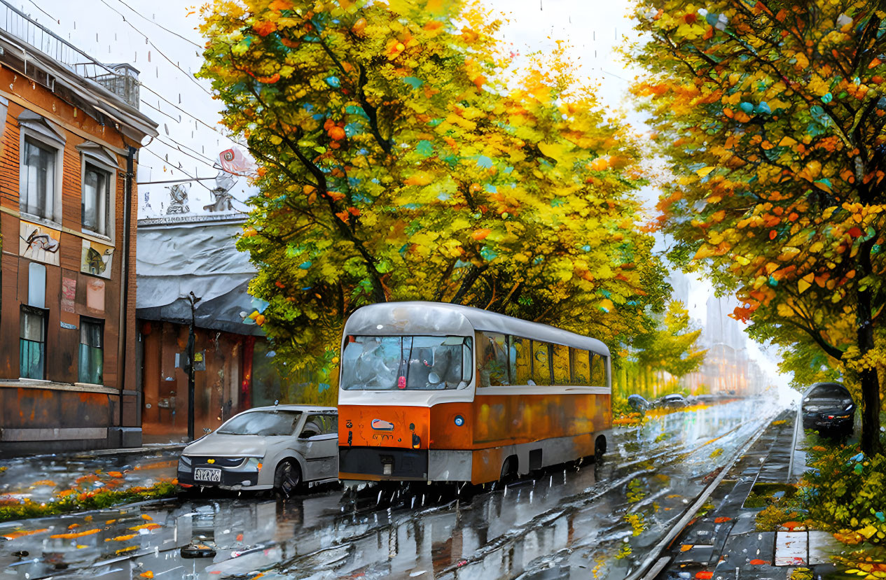 Orange tram on rain-slicked street with autumn trees and parked car