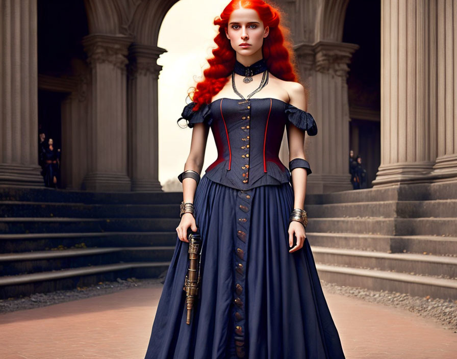 Vibrant red-haired woman in Victorian blue and black dress with brass telescope in elegant corridor.