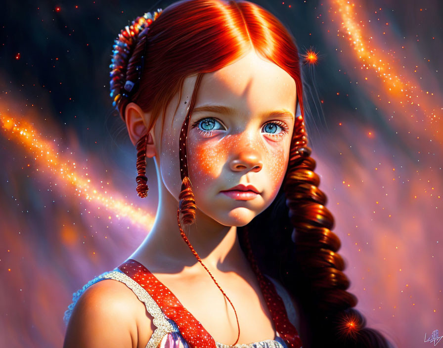 Digital artwork featuring young girl with red hair, freckles, and blue eyes on mystical orange background