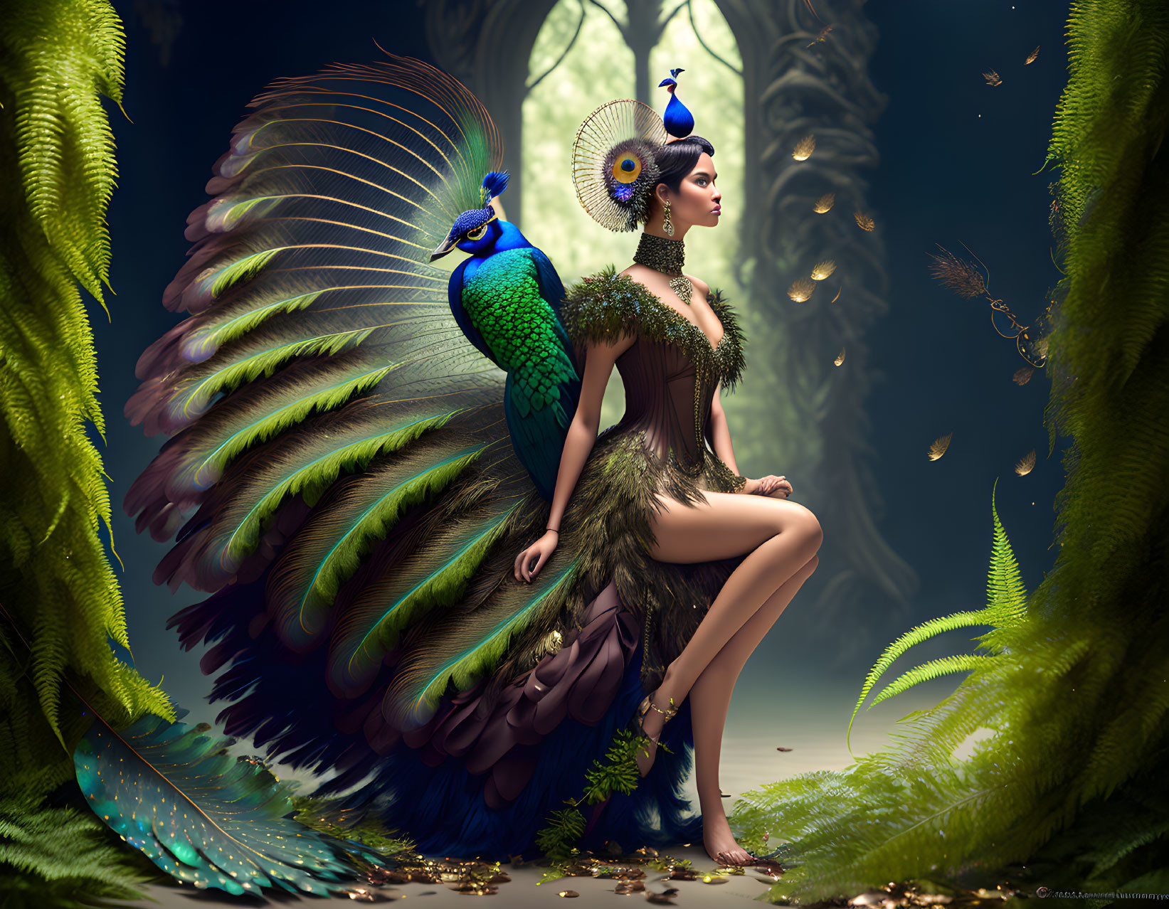 Woman in peacock attire with vibrant peacock in lush setting